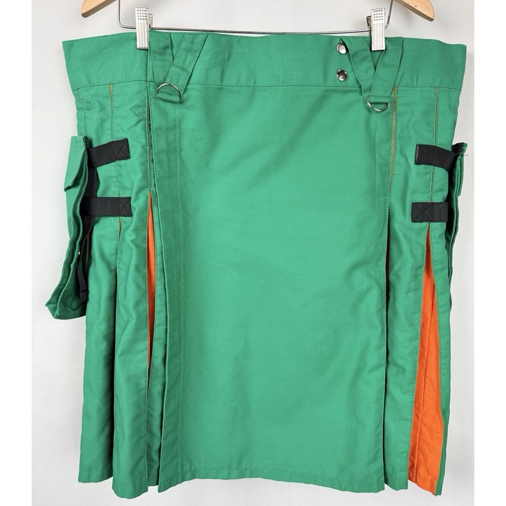 Custom Utility Kilt Green Orange Hybrid Cargo Kilt 2 Pockets Adjustable Waist